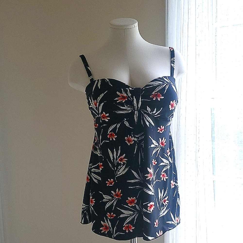 Floral Print Black Bathing Suit Tankini Top With Built In Bra